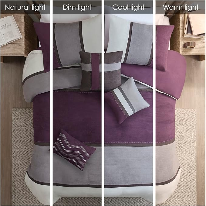 Madison Park Palisades Comforter Set Modern Faux Suede Pieced Stripe Design, All Season Down Alternative Cozy Bedding with Matching Shams, Decorative Pillows, Queen(90"x90"), Purple 7 Piece - LeafyLoom