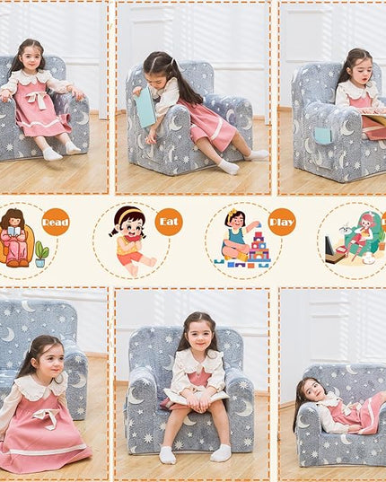 Snuggly-Soft Cuddly Toddler Plush Armchair for Boys and Girls Fuzzy Plush Kids Sofa Couch Reading Chair with Children Friendly Handle for Easy Movement & Double Pockets for Storage, Glowing Grey - LeafyLoom