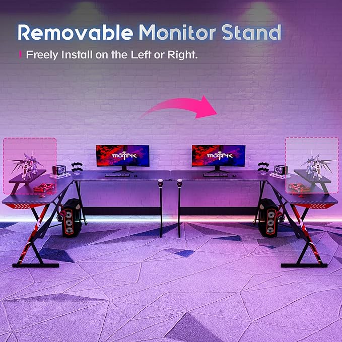 MOTPK L Shaped Gaming Desk 58 Inch, Gaming Computer Desk L Shape with Carbon Fiber Surface, Gamer Desk Gaming Table with Monitor Shelf, Cup Holder & Headphone Hook, Black - LeafyLoom