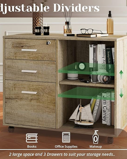 Maxtown Wood Filing Cabinet, Mobile Lateral Filing Cabinet with Lock, 3 Drawer Filing Cabinet with Open Storage Shelves, Printer Stand for Home Office, Walnut - LeafyLoom