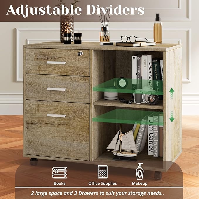 Maxtown Wood Filing Cabinet, Mobile Lateral Filing Cabinet with Lock, 3 Drawer Filing Cabinet with Open Storage Shelves, Printer Stand for Home Office, Walnut - LeafyLoom