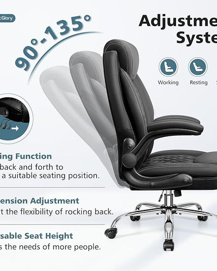 Office Chair, Ergonomic High Back Home Office Desk Chair, Big and Tall Breathable Leather Office Chair with Lumbar Support Flip-Up Armrests, Computer Chair with Rocking Function - LeafyLoom