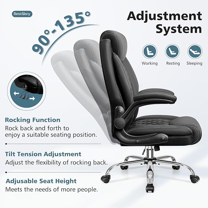 Office Chair, Ergonomic High Back Home Office Desk Chair, Big and Tall Breathable Leather Office Chair with Lumbar Support Flip-Up Armrests, Computer Chair with Rocking Function - LeafyLoom