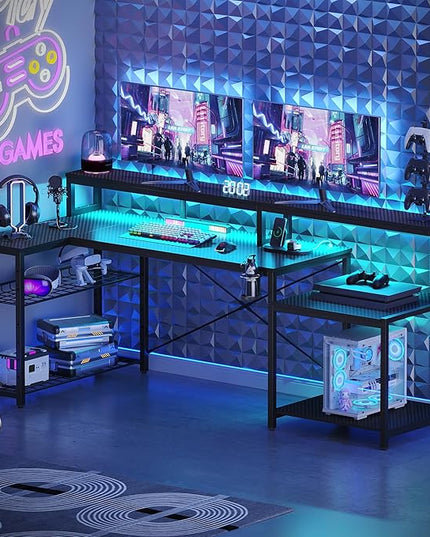 Bestier Gaming Desk with Power Outlets, 71.5 LED Computer Desk with Long Monitor Stand, Large L Shaped Corner Desk with Storage Shelf, Cup Holder Headset Hooks, Cool Desk for Gaming Room, Black - LeafyLoom