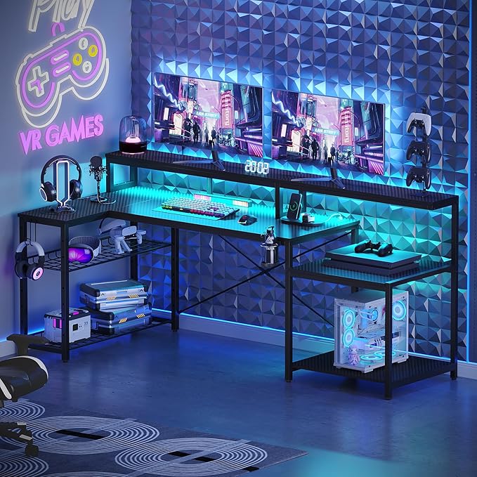 Bestier Gaming Desk with Power Outlets, 71.5 LED Computer Desk with Long Monitor Stand, Large L Shaped Corner Desk with Storage Shelf, Cup Holder Headset Hooks, Cool Desk for Gaming Room, Black - LeafyLoom