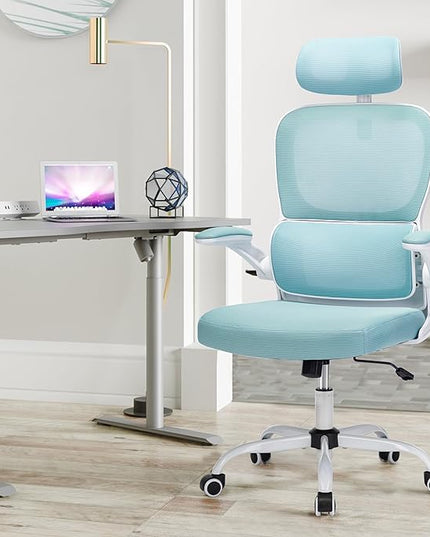 Office Chair, Ergonomic Office Chair Desk Chair with Headrest, High Back Mesh Computer Chairs for Home Office with Adjustable Back Support, 350lbs Comfortable Blue Office Chair, Tilt Lock - LeafyLoom