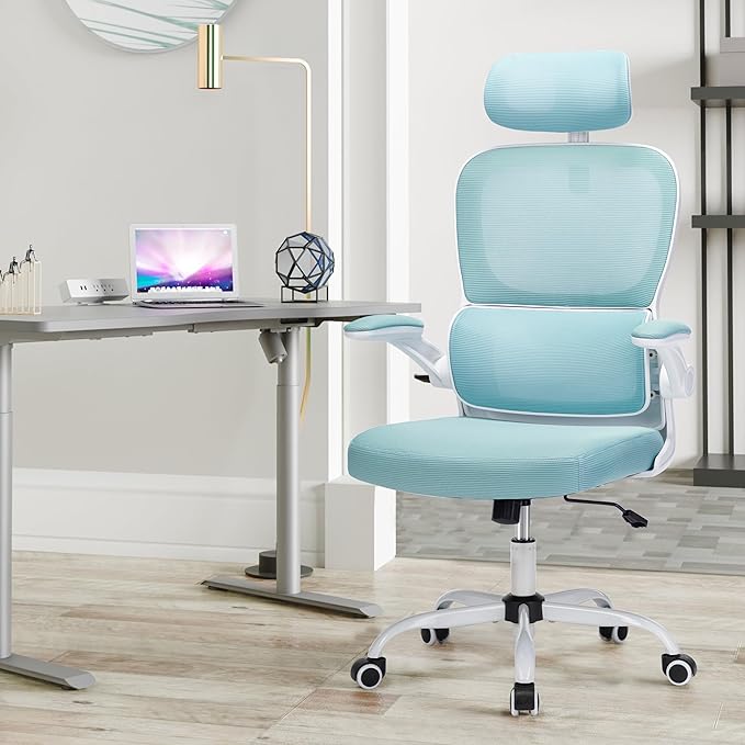 Office Chair, Ergonomic Office Chair Desk Chair with Headrest, High Back Mesh Computer Chairs for Home Office with Adjustable Back Support, 350lbs Comfortable Blue Office Chair, Tilt Lock - LeafyLoom