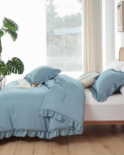 JANZAA King Size Comforter Set Mineral Blue Ruffle Comforter 3PCS Soft Fluffy Boho Comforter Vintage Farmhouse Bed Comforter Set Shabby Chic Bedding with 2 Pillowcases for All Season - LeafyLoom