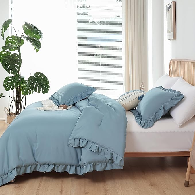 JANZAA King Size Comforter Set Mineral Blue Ruffle Comforter 3PCS Soft Fluffy Boho Comforter Vintage Farmhouse Bed Comforter Set Shabby Chic Bedding with 2 Pillowcases for All Season - LeafyLoom