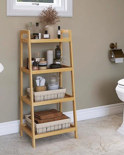 SMIBUY Bamboo Ladder Bookcase, Bathroom Storage Rack Organizer, 4 Tier Freestanding Plant Display Stand Space Saver Shelves for Bedroom, Kitchen, Balcony (Natural) - LeafyLoom