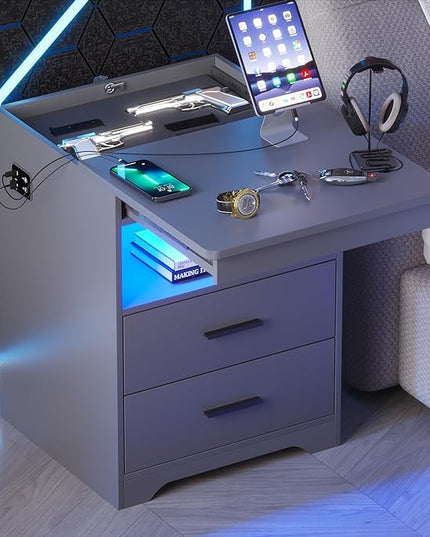 LED Nightstand with Gun Drawer, Modern Beside Table with Charging Station, Auto Sensor 3 Color Dimmable Night Stand with Open Compartment for Bedroom (Grey) - LeafyLoom