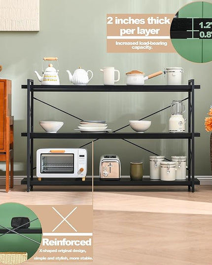HCHQHS Bookshelf, 3-Tier Long Industrial Bookcase, Black Open Book Shelf, Freestanding Horizontal Bookshelves with Metal Frame - LeafyLoom