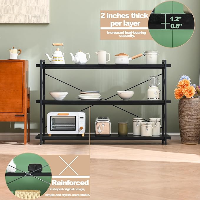 HCHQHS Bookshelf, 3-Tier Long Industrial Bookcase, Black Open Book Shelf, Freestanding Horizontal Bookshelves with Metal Frame - LeafyLoom