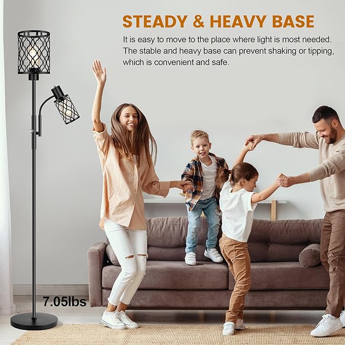 72" Farmhouse Floor Lamps for Living room, Black Floor Lamps with Adjustable Reading Lamp, 2-Light Tall Standing Lamps with 2 Edison Bulbs, Industrial Floor Lamps for Bedroom, Office, 6W, Black - LeafyLoom
