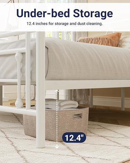 Allewie King Size Metal Platform Bed Frame with Victorian Vintage Headboard and Footboard/Mattress Foundation/Under Bed Storage/No Box Spring Needed/Noise-Free/Easy Assembly, White - LeafyLoom