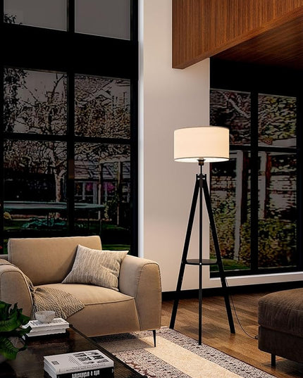 addlon Tripod floor lamp with remote, floor lamps for living room, standing wood lamp with shelf, mid century lamp with LED bulb for bedroom, office (Stepless brightness, multiple CCT)- Black - LeafyLoom