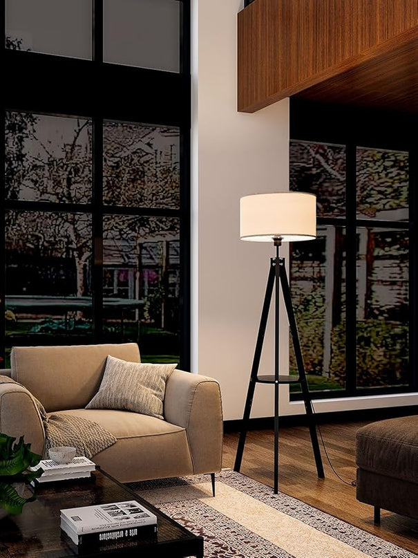 addlon Tripod floor lamp with remote, floor lamps for living room, standing wood lamp with shelf, mid century lamp with LED bulb for bedroom, office (Stepless brightness, multiple CCT)- Black - LeafyLoom