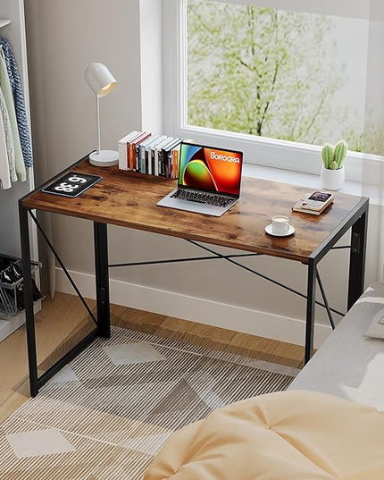 Coavas 39.4 inch Folding Desk No Assembly Required, Writing Computer Desk Space Saving Foldable Table Simple Home Office Desk, Slippy Vintage Brown - LeafyLoom