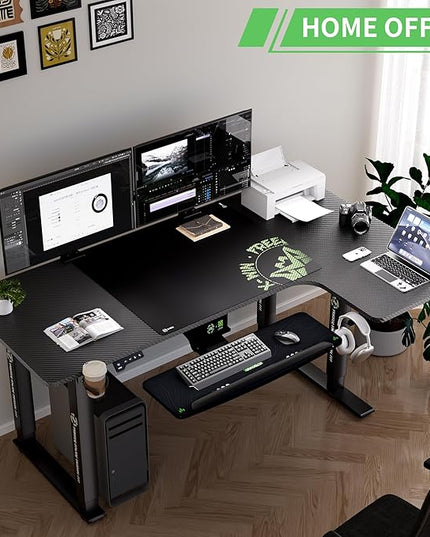X-WIN 63 Inches L-Shaped Electric Standing Desk, Dual Motor Height Adjustable Stand Up Corner Desk, Sit to Stand Workstation with Locking Wheels, Carbon Fiber Top - LeafyLoom
