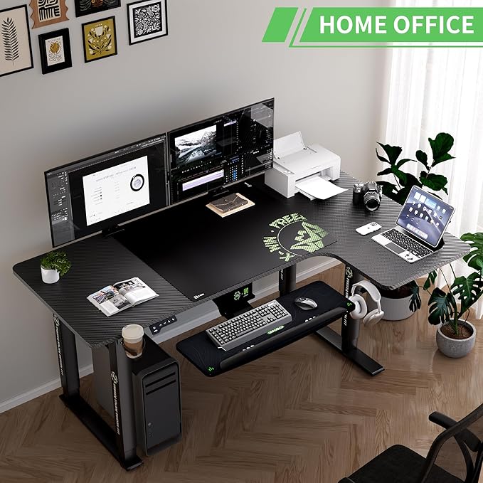 X-WIN 63 Inches L-Shaped Electric Standing Desk, Dual Motor Height Adjustable Stand Up Corner Desk, Sit to Stand Workstation with Locking Wheels, Carbon Fiber Top - LeafyLoom