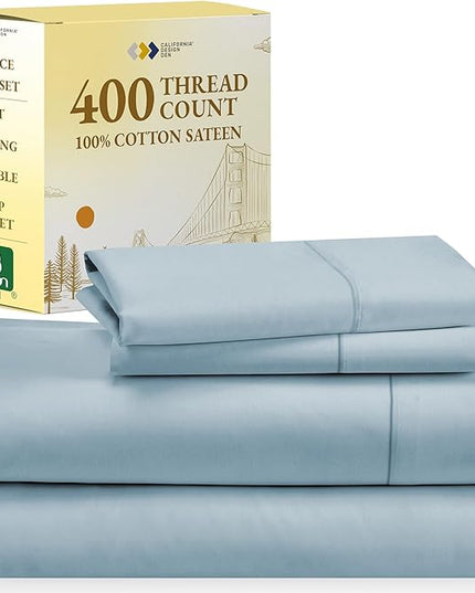 California Design Den 100% Cotton Sheets - Softest 4-Pc Queen Sheet Set, Cooling Sheets for Queen Size Bed, Deep Pockets, 400 Thread Count Sateen, Bedding Sheets & Pillowcases, Queen Sheets (Sky Blue) - LeafyLoom