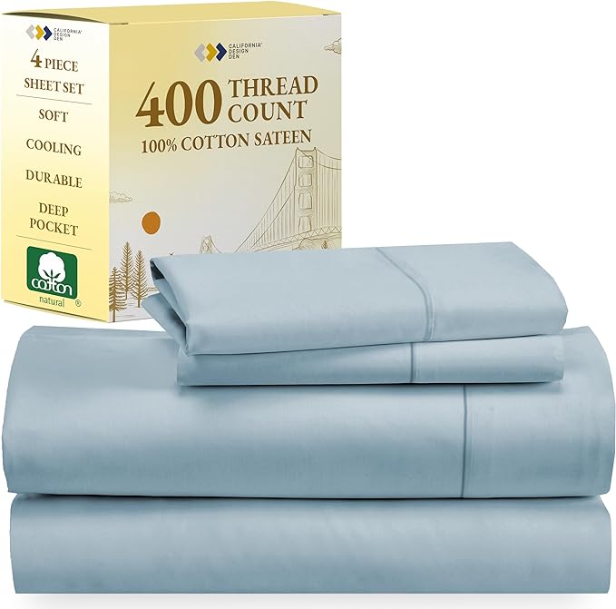 California Design Den 100% Cotton Sheets - Softest 4-Pc Queen Sheet Set, Cooling Sheets for Queen Size Bed, Deep Pockets, 400 Thread Count Sateen, Bedding Sheets & Pillowcases, Queen Sheets (Sky Blue) - LeafyLoom
