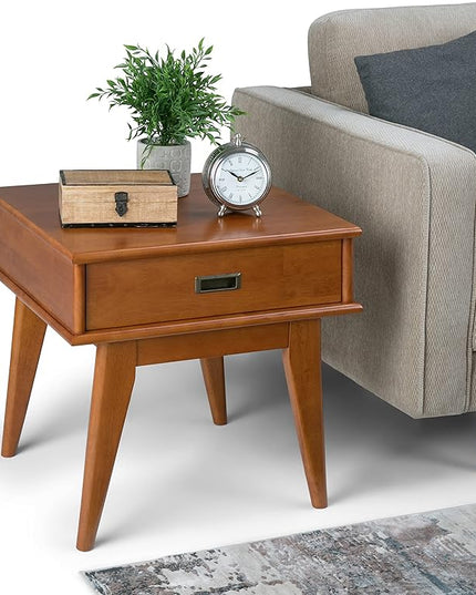 SIMPLIHOME Solid Hardwood 22 Inch Mid Century Bookcase, End Table and Storage Unit Bundle in Teak Brown, 6 Shelves and Drawer - LeafyLoom