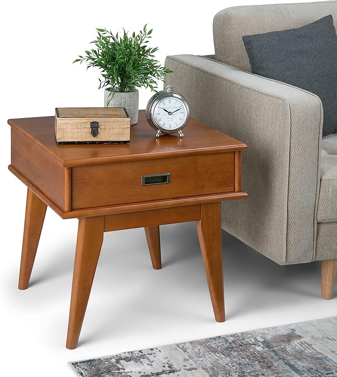 SIMPLIHOME Solid Hardwood 22 Inch Mid Century Bookcase, End Table and Storage Unit Bundle in Teak Brown, 6 Shelves and Drawer - LeafyLoom