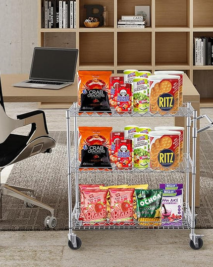 VEVOR Kitchen Utility Cart, 3 Tiers, Wire Rolling Cart with 661 LBS Capacity, Steel Service Cart on Wheels, Metal Storage Trolley with 80 mm Deep Basket Curved Handle 6 Hooks, NSF Listed - LeafyLoom