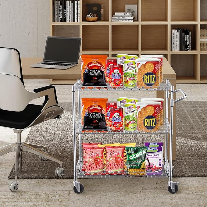 VEVOR Kitchen Utility Cart, 3 Tiers, Wire Rolling Cart with 661 LBS Capacity, Steel Service Cart on Wheels, Metal Storage Trolley with 80 mm Deep Basket Curved Handle 6 Hooks, NSF Listed - LeafyLoom