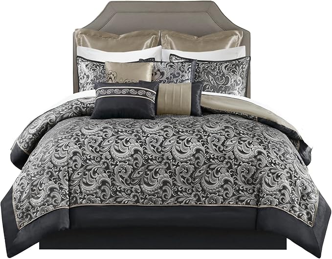 Madison Park Essentials Brystol 24 Piece Room in a Bag Faux Silk Comforter Jacquard Paisley Design Matching Curtains Down Alternative All Season Bedding-Set, Queen(90 in x 90 in), Black 24 Piece - LeafyLoom
