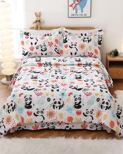 JSD Panda Flower Kids Comforter Set, 2 Pieces Twin Microfiber Comforter with Pillow Sham, Soft Comfortable Machine Washable - LeafyLoom