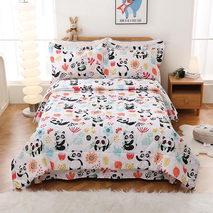 JSD Panda Flower Kids Comforter Set, 3 Pieces Full Microfiber Comforter with Pillow Shams, Soft Comfortable Machine Washable - LeafyLoom