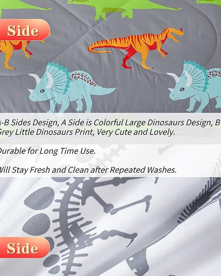 RYNGHIPY Dinosaur Kids Comforter Set Cartoon Dinosaur Bedding Sets for Boys 3 Pieces Queen Microfiber Comforter with Pillowcases Soft Lightweight (Dark Grey,Queen) - LeafyLoom
