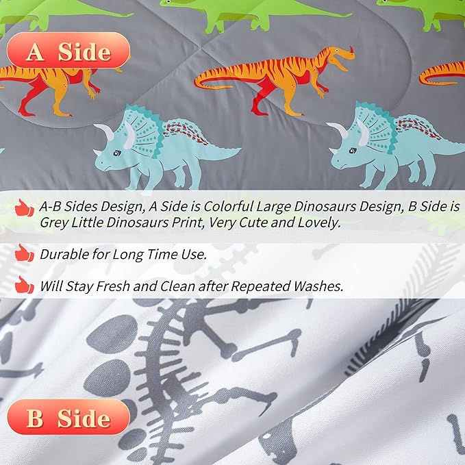 RYNGHIPY Dinosaur Kids Comforter Set Cartoon Dinosaur Bedding Sets for Boys 3 Pieces Queen Microfiber Comforter with Pillowcases Soft Lightweight (Dark Grey,Queen) - LeafyLoom