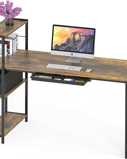 SHW 46-Inch Mission Desk with Side Shelf, 24" Deep, Rustic Brown - LeafyLoom