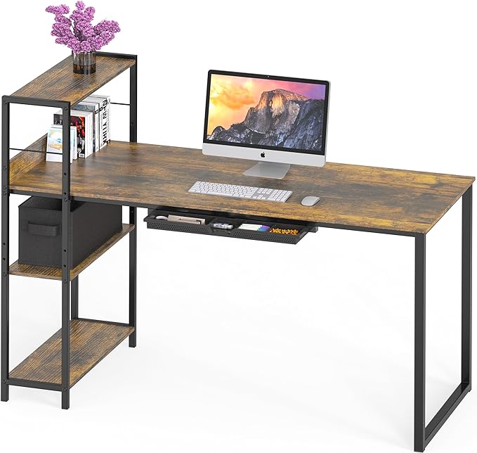 SHW 46-Inch Mission Desk with Side Shelf, 24" Deep, Rustic Brown - LeafyLoom