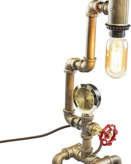 Steampunk Lamp with Dimmer, Dimmable Loft Style Industrial Vintage Antique Style Light with Bulb, Clock with Iron Piping Desk Lamp, Retro Desk Lamp LL-029 - LeafyLoom