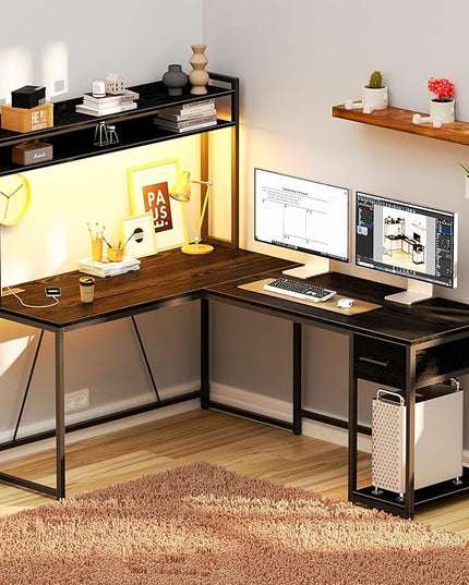 L Shaped Gaming Desk, Reversible L Shaped Computer Desk with Drawers, Led Lights & Power Outlets for Home Office Black - LeafyLoom
