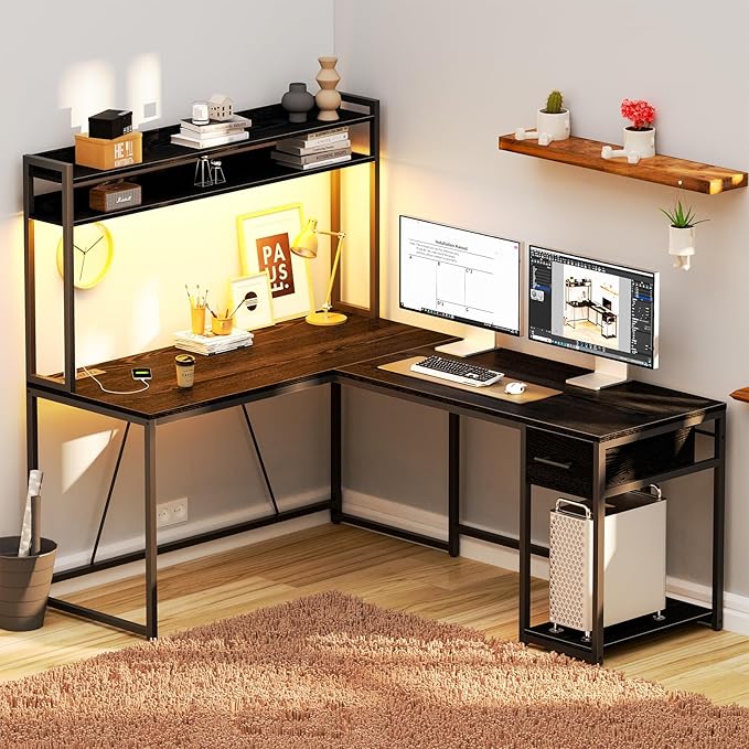 L Shaped Gaming Desk, Reversible L Shaped Computer Desk with Drawers, Led Lights & Power Outlets for Home Office Black - LeafyLoom