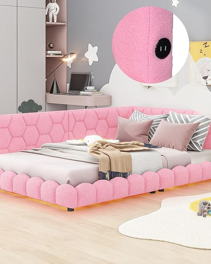 Full Size Upholstered Daybed Sofa Bed with L-shaped Headboard, USB Ports and LED Belt, Pink - LeafyLoom