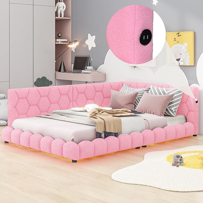 Full Size Upholstered Daybed Sofa Bed with L-shaped Headboard, USB Ports and LED Belt, Pink - LeafyLoom