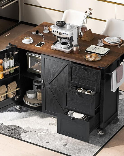 54.5" Farmhouse Island with Power Outlet & Drop Leaf, Rolling Kitchen Cart on Wheels w/Internal Storage, Spice, Towel Rack and Drawers, for Home, Dining Room, Black, 54.5 Inch - LeafyLoom