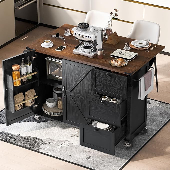 54.5" Farmhouse Island with Power Outlet & Drop Leaf, Rolling Kitchen Cart on Wheels w/Internal Storage, Spice, Towel Rack and Drawers, for Home, Dining Room, Black, 54.5 Inch - LeafyLoom