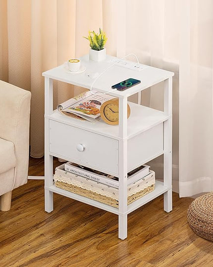 Lerliuo Nightstand with Charging Station and USB Ports, 3-Tier Storage End Table with Drawer Shelf, Night Stand for Small Spaces, Wood Bedside Table for Living Room, Bedroom - Elegant White - LeafyLoom