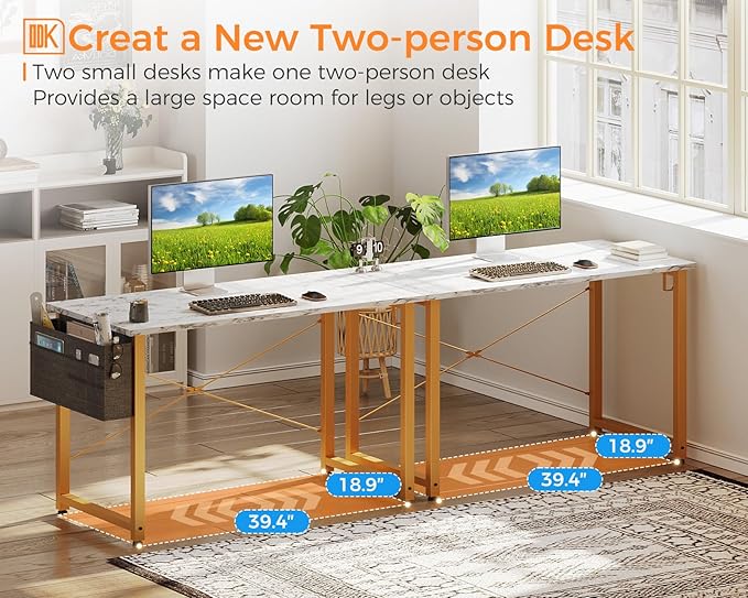 ODK Computer Desk, 40 Inch Small Study Desk, Office Desk with Storage, Work Table with Headphone Hook for Small Space Home Office, White Marble + Gold Leg - LeafyLoom