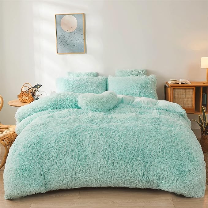 Fluffy mint green comforters Cover twin size - Ultra Soft Plush bedding Sets 2 Pieces (1 faux fur comforter Cover + 1 fuzzy pillow case) girls shaggy green twin bed set (Mint Green, Twin) - LeafyLoom