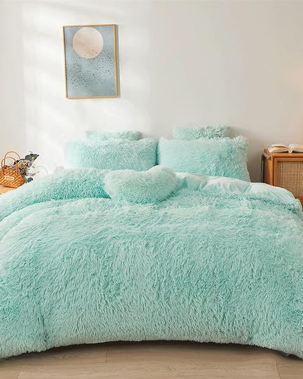 FOPPA Green Comforter Cover Set - Ultra Soft Plush Bedding Sets 3 Pieces (1 Faux Fur Duvet Cover + 2 Faux Fur Pillow case) Green Bed Set(Mint Green, Queen) - LeafyLoom