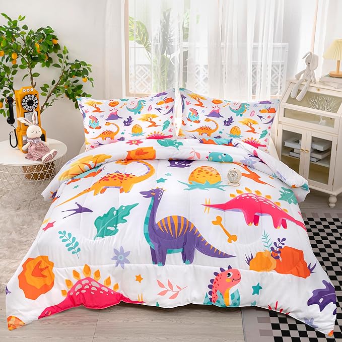 CVHOUSE Dinosaur Bedding Set,Dinosaur Comforter,Dinosaur Comforter Set King,Microfiber Quilt Set with 1 Comforter and 2 Pillow Cases- 3 Piece - LeafyLoom