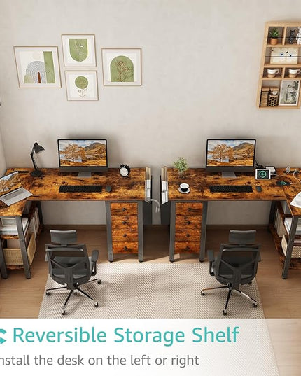 Lufeiya L Shaped Desk with Drawers & Storage Shelves, 47 Inch Corner Computer Desk with Power Outlet for Home Office Bedroom, L-Shaped Gaming PC Desks with Fabric Drawer, Rustic Brown - LeafyLoom